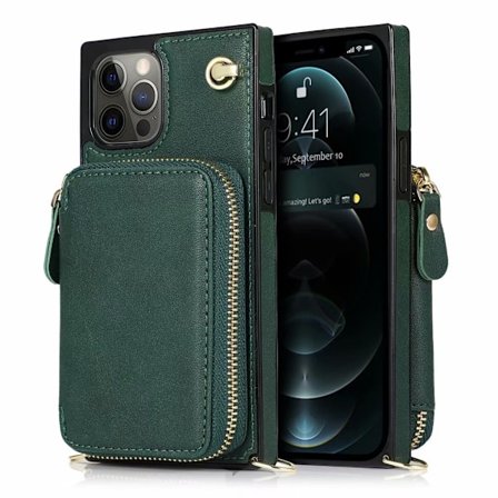 iPhone 15 Plus -kotelo, smaragdinvihreä crossbody, suuri vetoketjullinen korttipidike, lompakko, nahkainen kaulanauha