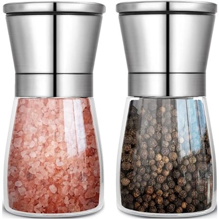 Salt- och pepparkvarn set om 2, kryddkvarn i rostfritt stål med justerbar keramisk kvarn, chilkvarn, påfyllningsbar saltkvarn