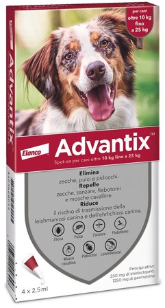 Advantix Spot On Per Cani da 10 A 25 Kg Soluzione 4 Pipette da