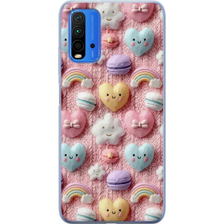 Kompatibel Mobilcover til Xiaomi Redmi Note 9 4G Pastelmotiv med hjerter, skyer, regnbuer og macarons mod lyserød baggrund i en sød drømmende stil.