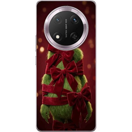 Yhteensopiva Puhelinkuori Honor Honor Magic7 Lite Grinchi-hahmo koristeltu punaisilla samettinauhoilla juhlavassa studiossa, leikkisällä ja humorist