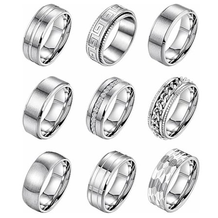 9-delad set 8mm titanstål herr- och damkedjerings enkel borstad bröllops- och förlovningsringsset silver 9-delad set nr