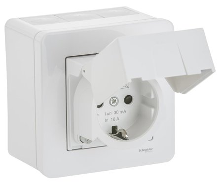 Schneider Electric WDE002979 Vägguttag med jordfelsbrytare, utv, IP44, vit, Strömbrytare & vägguttag