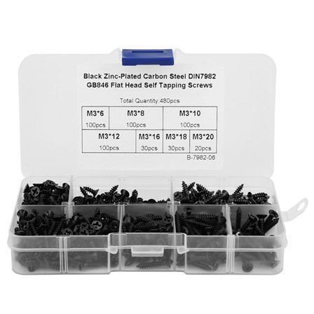 480 kpl Itsekierteittävät ruuvit M3 litteäkantainen ristihiili teräksiset kiinnitystarvikkeet musta nikkelipinnoitus (hiiliteräs musta)