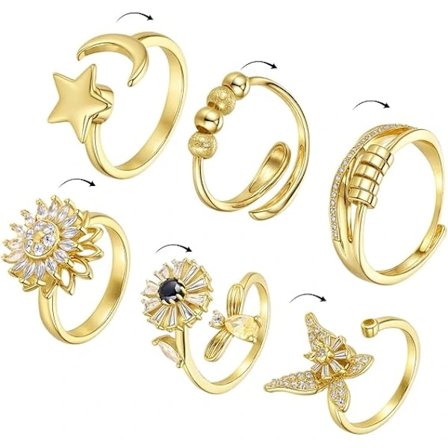 6 stk. Ringe til Kvinder Guld Justerbar Spinner Ring Roterbar Åben Cz Sommerfugl Solsikke Måne Stjerne Krystalringe til Angst Stresslindring