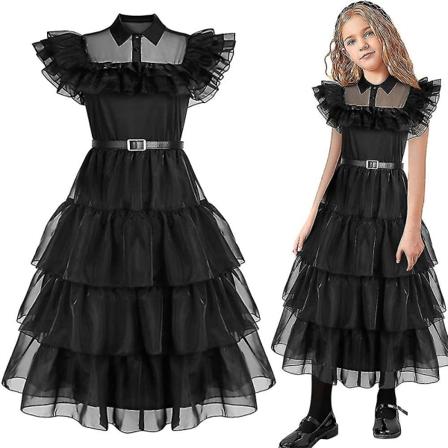 6-10 år onsdag Addams-kjole Barn Jenter Cosplay-festkostymer Kjolegaver - Perfet 7-8 Years