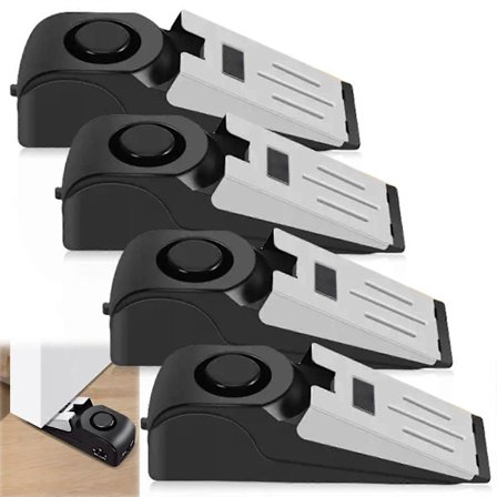 En uppsättning med 4 dörrstoppslarm, 120-decibel portabla kil-larm, med halkskyddande gummi stöldskydd, lämpliga för hemsäkerhet.