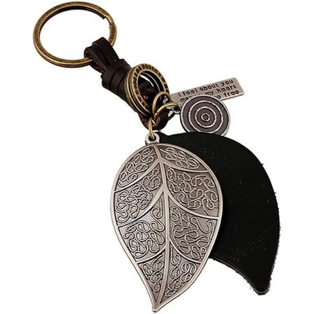 Nyckelring i legering och stora blad Vintage flätad nyckelring i läder Nyckelring i äkta läder