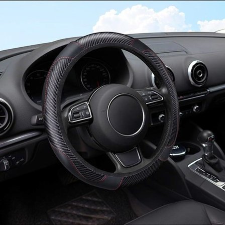 Ratovertræk i kulfiberlæder til bil, 15 tommer, universelt ratovertræk til bil, skridsikkert og åndbart (sort)