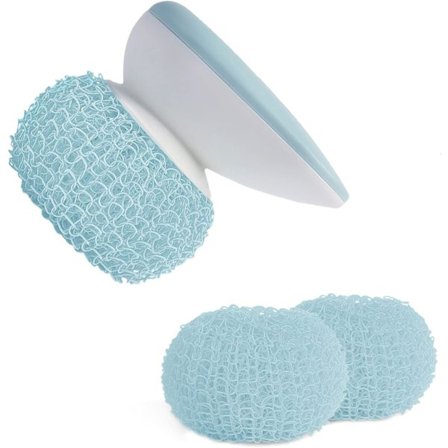 Pesusieni. Keittiön pyöreä astianpesusieni hankaava pesupallo kahvalla, monivärinen