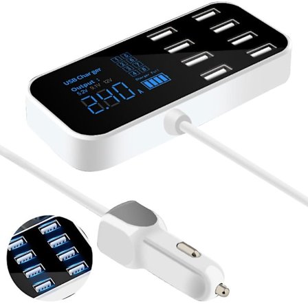 Hurtig biloplader 8 port multi usb lcd skærm telefonoplader 12v batterioplader usb hub