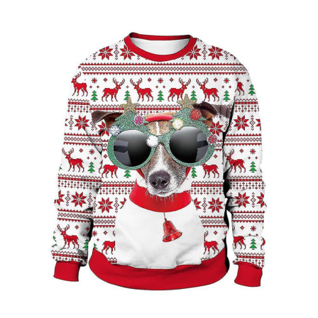 Jultröja Vinter Höst Crew Neck Toppar Sweatshirt Med Ren Santa Printed Dog L