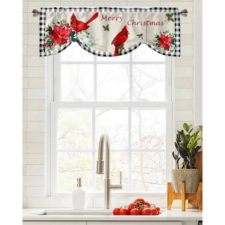 Christmas Cardinals Floral Plaid Window Curtain Living Room Kitchen Cabinet Tie-up Valance Curtain Rod Pocket Valance