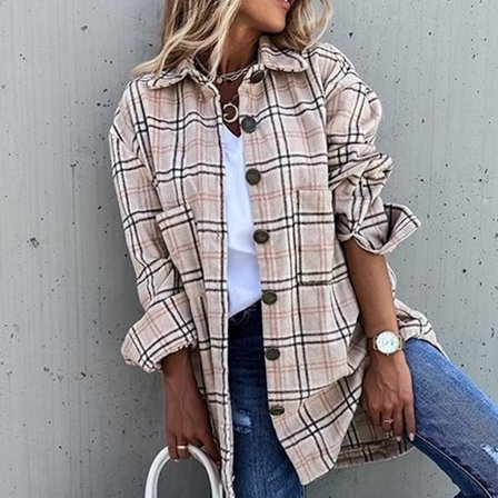 Høst Vinter Rutig Skjorte Løs Casual Skjorte for Dame Mote Långärmad Skjorte Jakke pink black