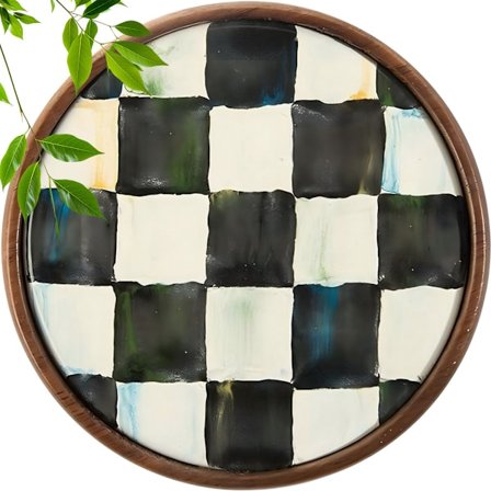 Sæt med 6 runde træbrikker - sort og hvidt skakternet design, 2D flade brikker til kaffe og varme drikke, køkkentilbehør.