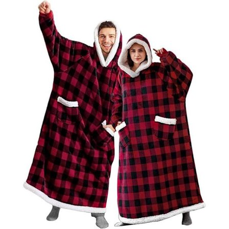 120 cm Ekstra Bred Hættetrøje, 1-delt Sæt, Supervarmt og Trendy Stort Tæppe med Hætte, Bærbar Flannelstæppe med Ærmer og Lommer