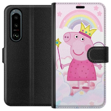 Yhteensopiva Lompakkokotelo Sony Xperia 5 III Peppa Pig prinsessamotiivi kruunulla, siivillä ja sateenkaarella, satumainen lasten kuvitus pilvitausta
