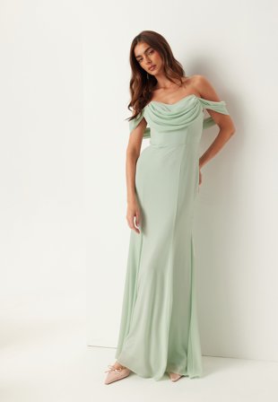 Goddiva - Chiffon Off Shoulder Maxi Dress - Sage Green