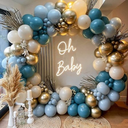 Blå ballongbågsset – Ballonggirlangset i sandvit, blått och guld