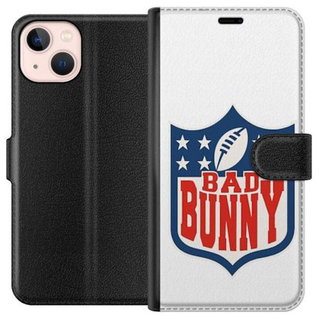 Kompatibel Tegnebogsetui til Apple iPhone 13 mini Bad Bunny rød grafisk plakat med portræt og typografi i latinamerikansk popdesign