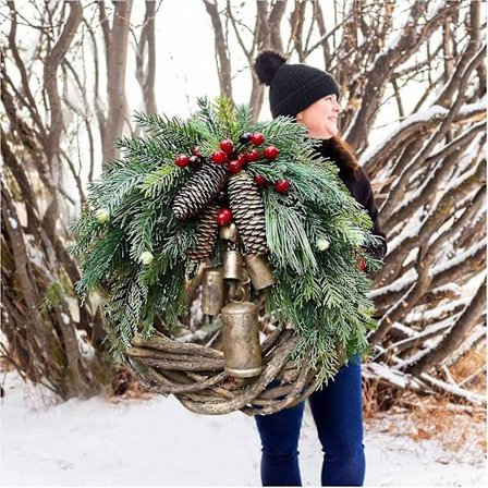 Bondegårds Julekranse Til Hoveddøren, 14 Tommer Fletkranse Til Julepynt, 2021 Gyldne Klokker Hængende Center Dør Vinterkrans