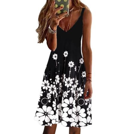 Dam Elegant Klänning Boho Ärmlös V-ringad Vintage Print Mini C