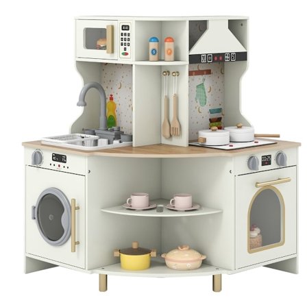 Lasten puinen leikkikeittiö, jossa on pesuallas ja LED-liesi