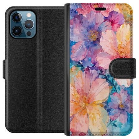 Yhteensopiva Lompakkokotelo Apple Apple iPhone 12 Pro Max Vesivärimaalaus suurilla kukilla vaaleanpunaisissa, sinisissä ja keltaisissa sävyissä pe