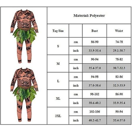 Disney Moana Maui Tattoo Kostume Voksen T-shirt til mænd + Bukser + Blad Bælte Komplette Outfit Halloween Cosplay Fest Udklædning Fuld Sæt