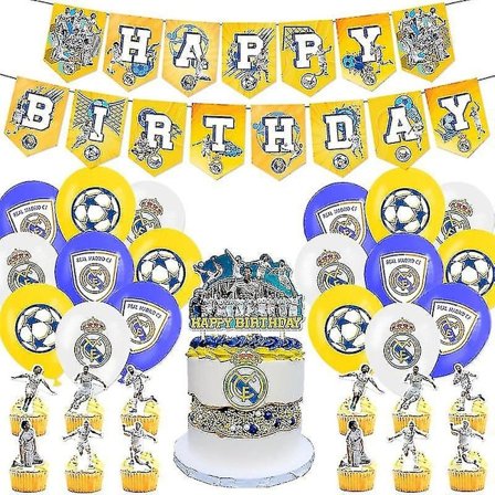 Real Madrid-tema bursdagspartydekorasjon for fotballfans - flagg, kakepynt, ballonger (FMY)