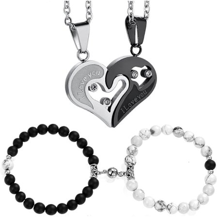 4 kpl I Love You Sydänpalapeli Riipus Kaulakoru Musta Matta Agaatti & Valkoinen Howlite [HK]