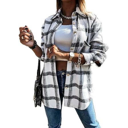 Kvindernes 2022 Efterår Tøj Ternet Shacket Jakke Langærmet Knap Ned Flan