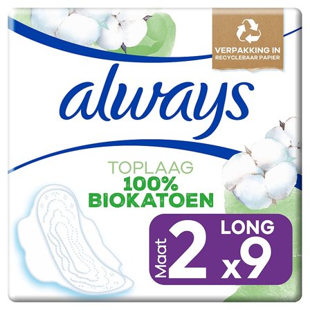 Always Cotton Long Pads 9 stk, Medicin & Pleje, Bind & Indlæg, Bind