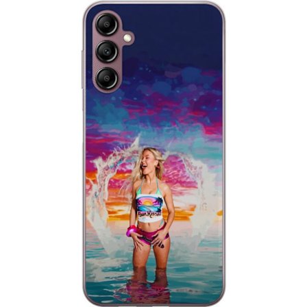 Yhteensopiva Puhelinkuori Samsung Galaxy A14 5G Vaalea nainen kirjavia rantavaatteita pelaa meressä auringonlaskun aikaan