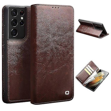 QIALINO Aitoa Nahkaa Puhelinkotelo Samsung Galaxy S21 Ultra 5G Jalusta Lompakko Folio Flip Kotelo Ruskea