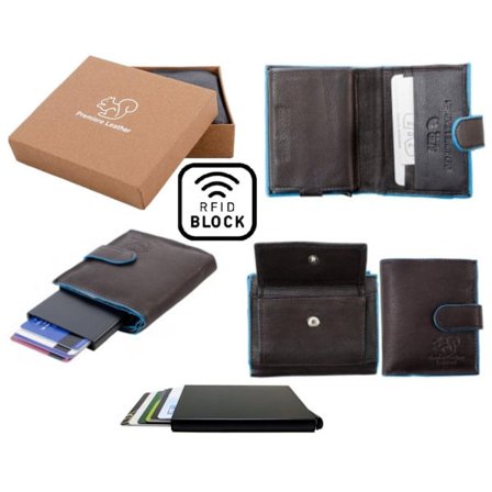 Äkta Läder Plånbok o Smart Korthållare .100%RFID Skydd. BRUN+BLÅ
