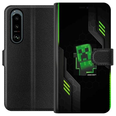 Kompatibelt Plånboksfodral till Sony Sony Xperia 5 III Grön pixelbaserad creeperliknande spelillustration med futuriska neoninslag och mörk techbak