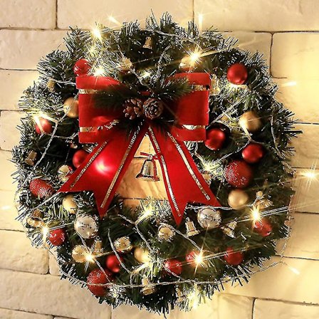 30 cm jouluseppele valoilla, valmiiksi valaistu joulukoriste, keinotekoinen mäntykranssi etuovelle