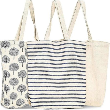 3-pakning gjenbrukbare handleposer i bomull, 3 design, 38 x 42 x 9 cm