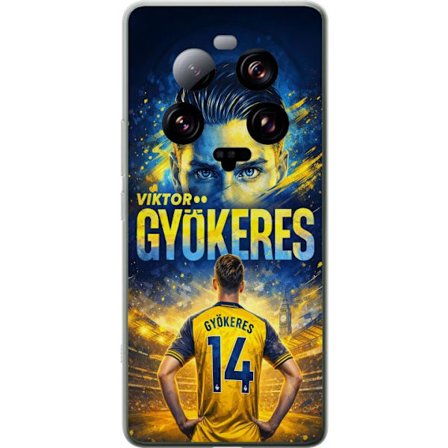 Yhteensopiva Puhelinkuori Xiaomi Xiaomi 13 Ultra Viktor Gyökeres jalkapallojuliste keltaisella ja sinisellä värimaailmalla, dramaattinen stadiontau