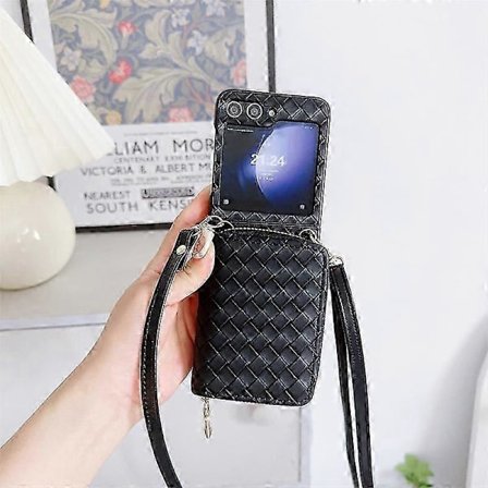 Plånboksfodral med axelrem för Samsung Galaxy Z Flip 6, vävt PU-läder, stöttåligt fodral med axelrem och korthållare