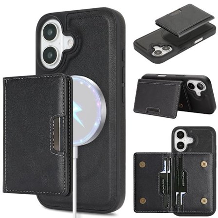 iPhone 17, Magnetisk Kortholder, Telefondeksel i Imitert Skinn, Svart