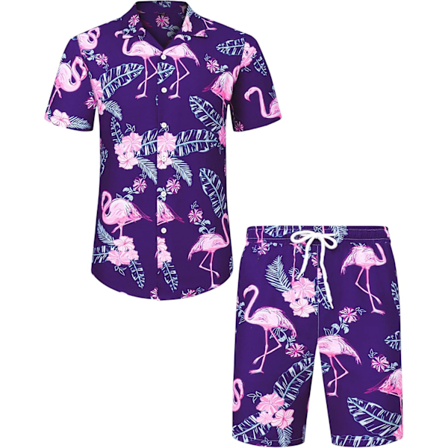 Herre Hawaiiskjorte og Shorts Sæt Regular Fit Kortærmet Casual Funky Strand Flamingo Skjortesæt XL