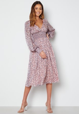 Goddiva Ditsy Long Sleeve Shirred Midi Dress Blush Klær