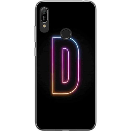 Yhteensopiva Puhelinkuori Huawei Huawei Y6 (2019) Minimalistinen neonkirjain D väriä vaihtavassa valossa mustaa taustaa vasten modernissa digitaalis