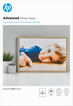HP Advanced Photo-papper, glättat, 250 g/m2, A3 (297 x 420 mm), 20 ark, 882780349650