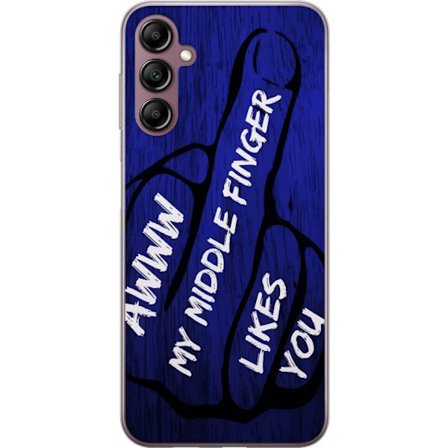 Kompatibelt Mobildeksel til Samsung Galaxy A14 5G Mørk typografisk illustrasjon med hjerteform og budskap om vennskap mot dyp blå tretekstur