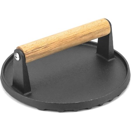 Hamburgerpresse i støpejern, grillvekt, grilltilbehør, trehåndtak, 18 cm