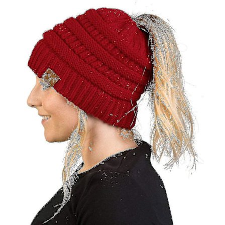 Damernas Hög Messy Bun Beanie Hatt med Hästsvanshål, Vintervarm Trendig Stickad Skidmössa