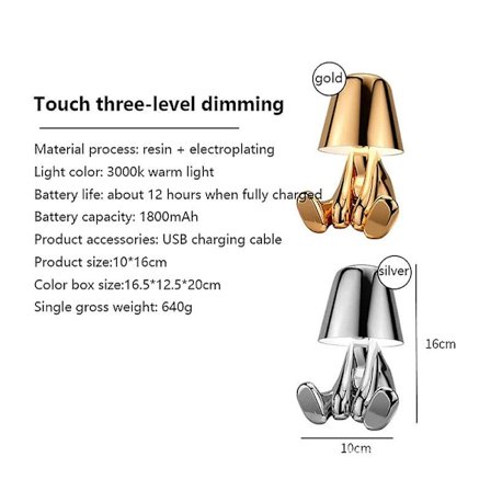 Nattbord Touch Bordlampe, Gyllen Thinker Lampe Bordlampe Ledningsfri Oppladbar (Gull Type I)